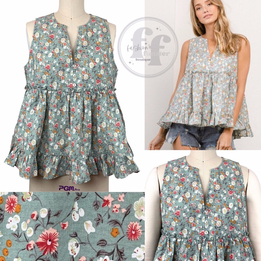 Ces Femme Cotton Ditsy Floral Print Ruffle Trim Babydoll Swing Tank Top Blouse